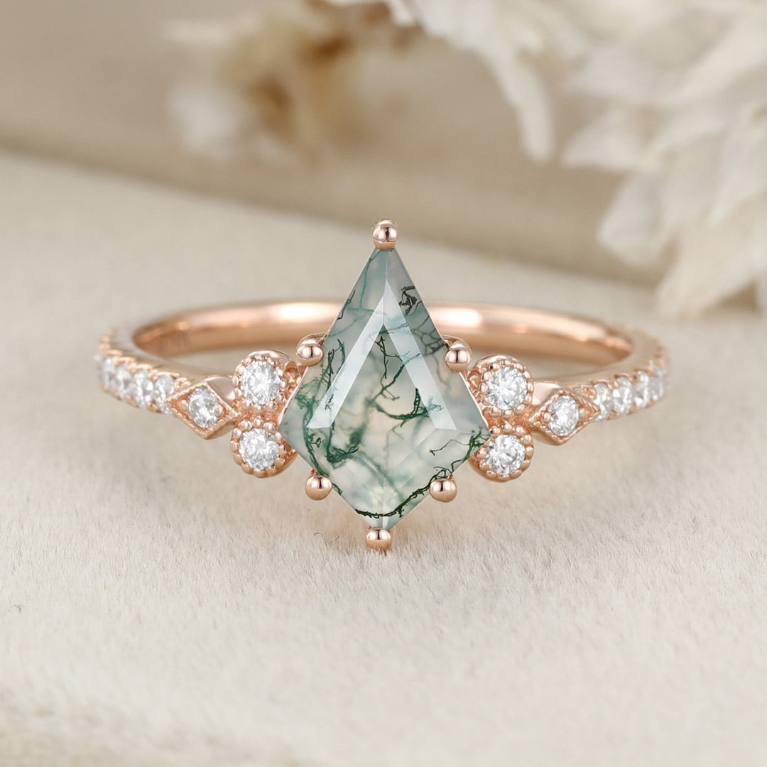 Kite Cut Natural Moss Agate Engagement Ring Vintage 14K Rose Gold Moissanite Wedding Ring Promise Anniversary Gift for Women