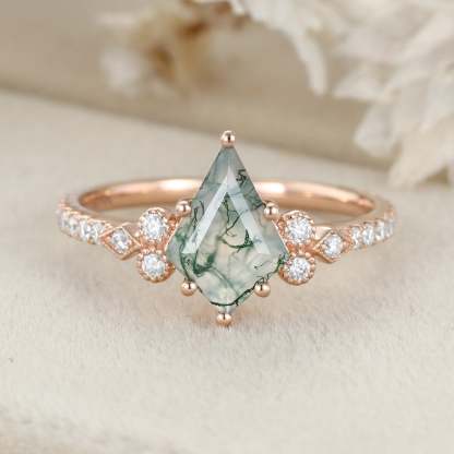 Kite Cut Natural Moss Agate Engagement Ring Vintage 14K Rose Gold Moissanite Wedding Ring Promise Anniversary Gift for Women
