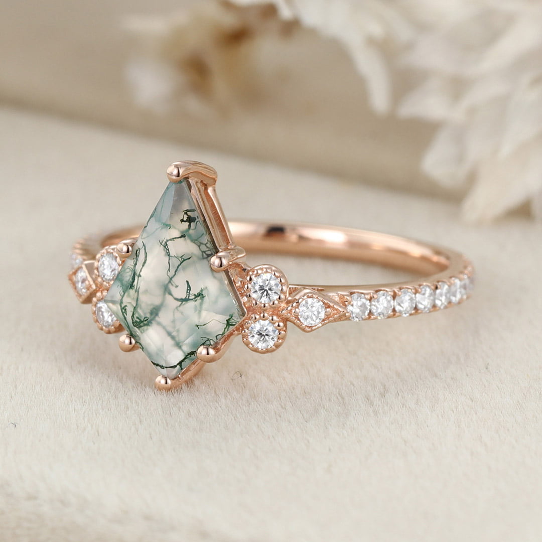 Kite Cut Natural Moss Agate Engagement Ring Vintage 14K Rose Gold Moissanite Wedding Ring Promise Anniversary Gift for Women