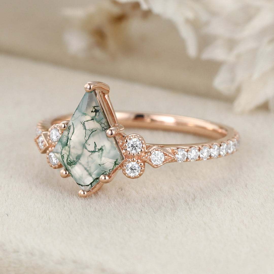 Kite Cut Natural Moss Agate Engagement Ring Vintage 14K Rose Gold Moissanite Wedding Ring Promise Anniversary Gift for Women