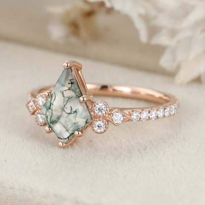 Kite Cut Natural Moss Agate Engagement Ring Vintage 14K Rose Gold Moissanite Wedding Ring Promise Anniversary Gift for Women