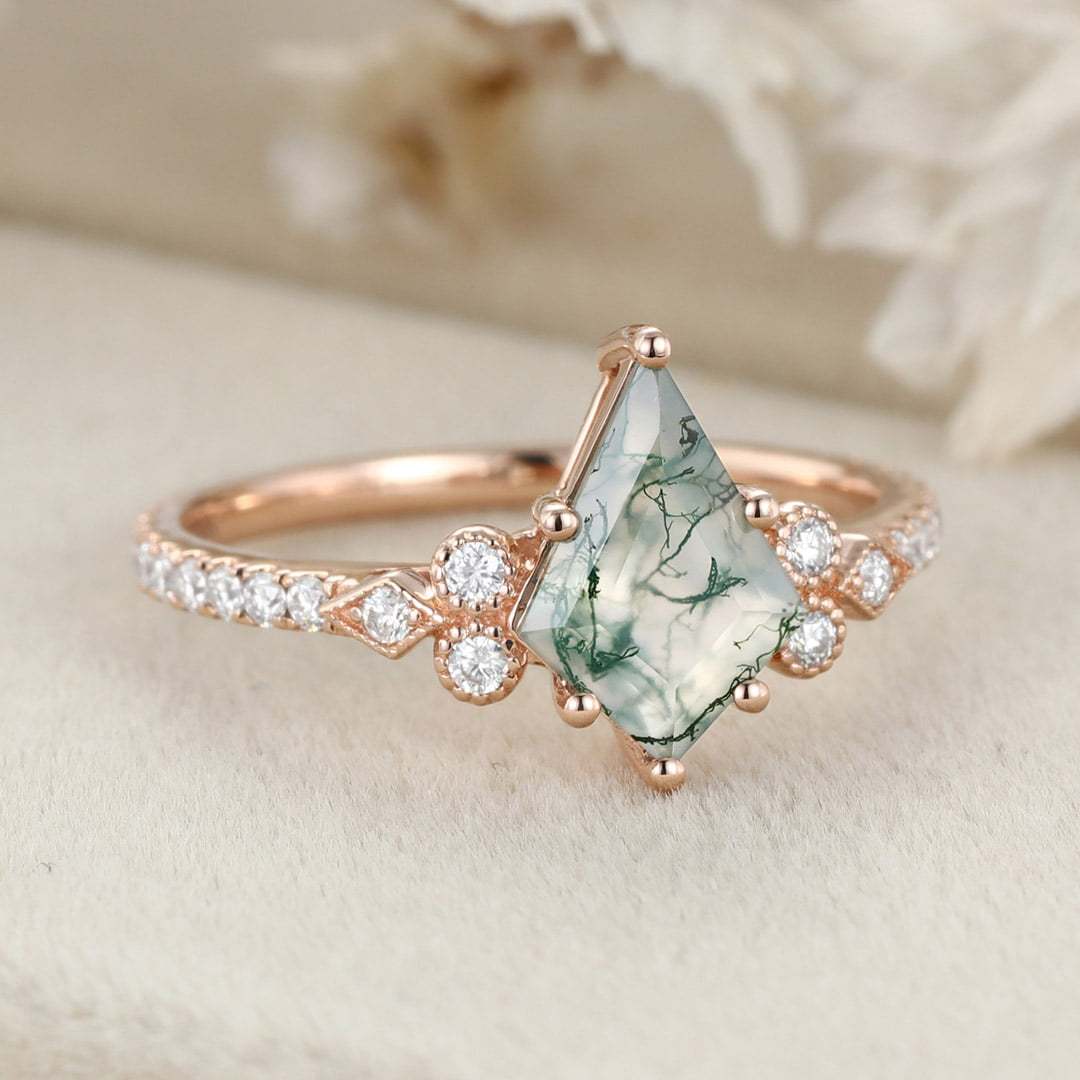 Kite Cut Natural Moss Agate Engagement Ring Vintage 14K Rose Gold Moissanite Wedding Ring Promise Anniversary Gift for Women
