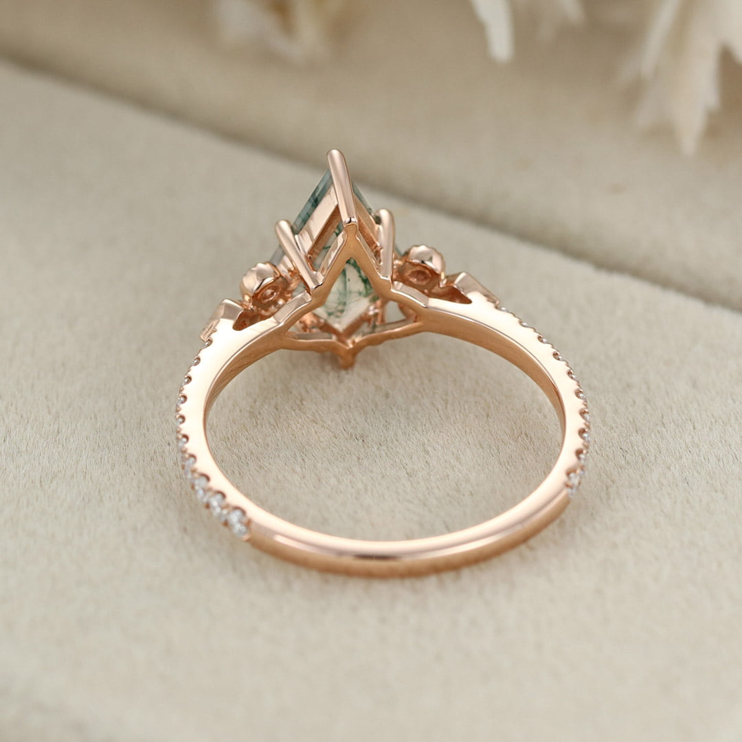 Kite Cut Natural Moss Agate Engagement Ring Vintage 14K Rose Gold Moissanite Wedding Ring Promise Anniversary Gift for Women