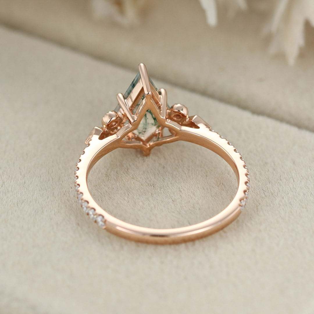 Kite Cut Natural Moss Agate Engagement Ring Vintage 14K Rose Gold Moissanite Wedding Ring Promise Anniversary Gift for Women