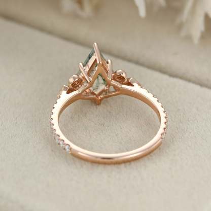 Kite Cut Natural Moss Agate Engagement Ring Vintage 14K Rose Gold Moissanite Wedding Ring Promise Anniversary Gift for Women
