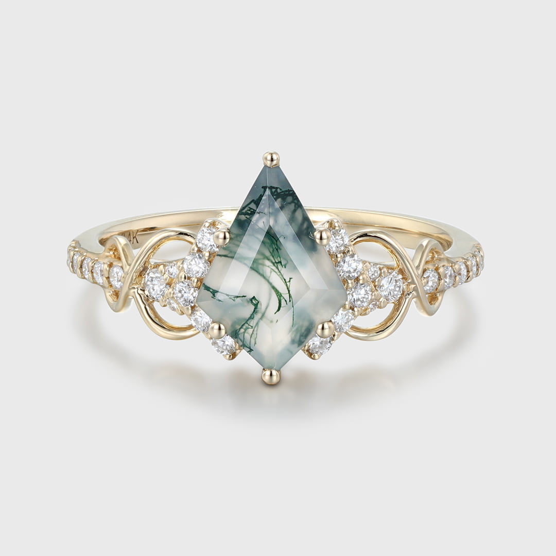 Kite Cut Natural Moss Agate Engagement Ring in Yellow Gold with Twist Band, Perfect Wedding or Anniversary Gift for Women.