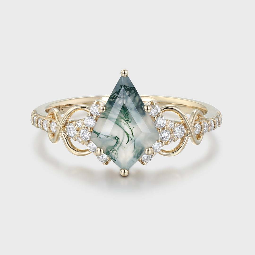 Kite Cut Natural Moss Agate Engagement Ring in Yellow Gold with Twist Band, Perfect Wedding or Anniversary Gift for Women.