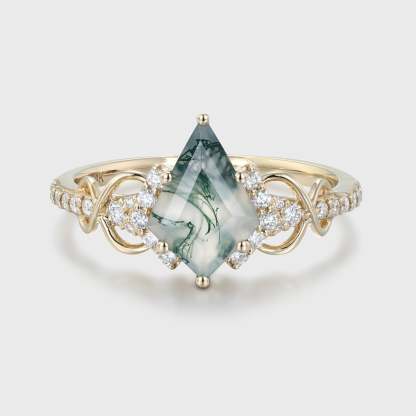 Kite Cut Natural Moss Agate Engagement Ring in Yellow Gold with Twist Band, Perfect Wedding or Anniversary Gift for Women.
