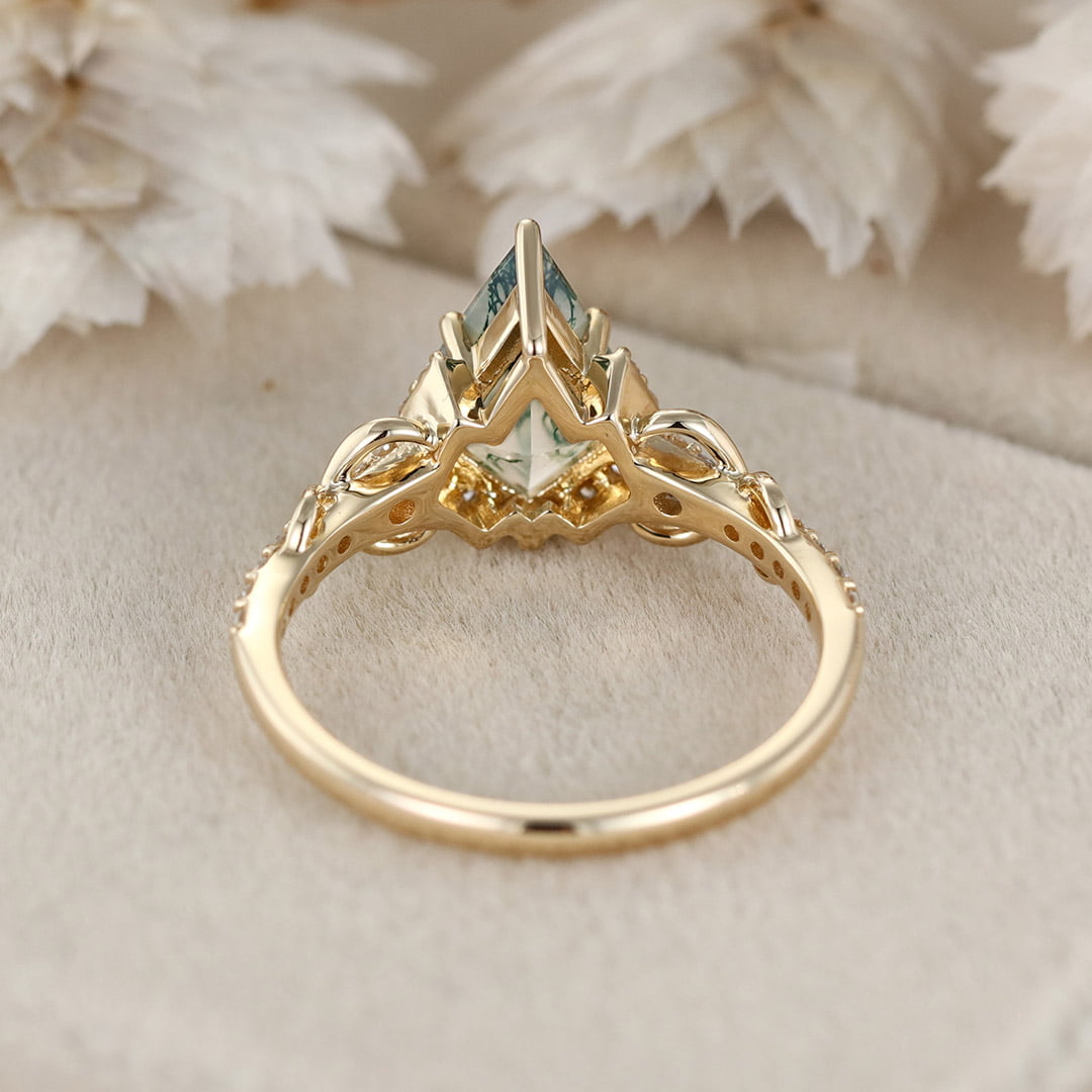 Kite Cut Natural Moss Agate Engagement Ring Yellow Gold Ring Unique Twist Wedding Ring