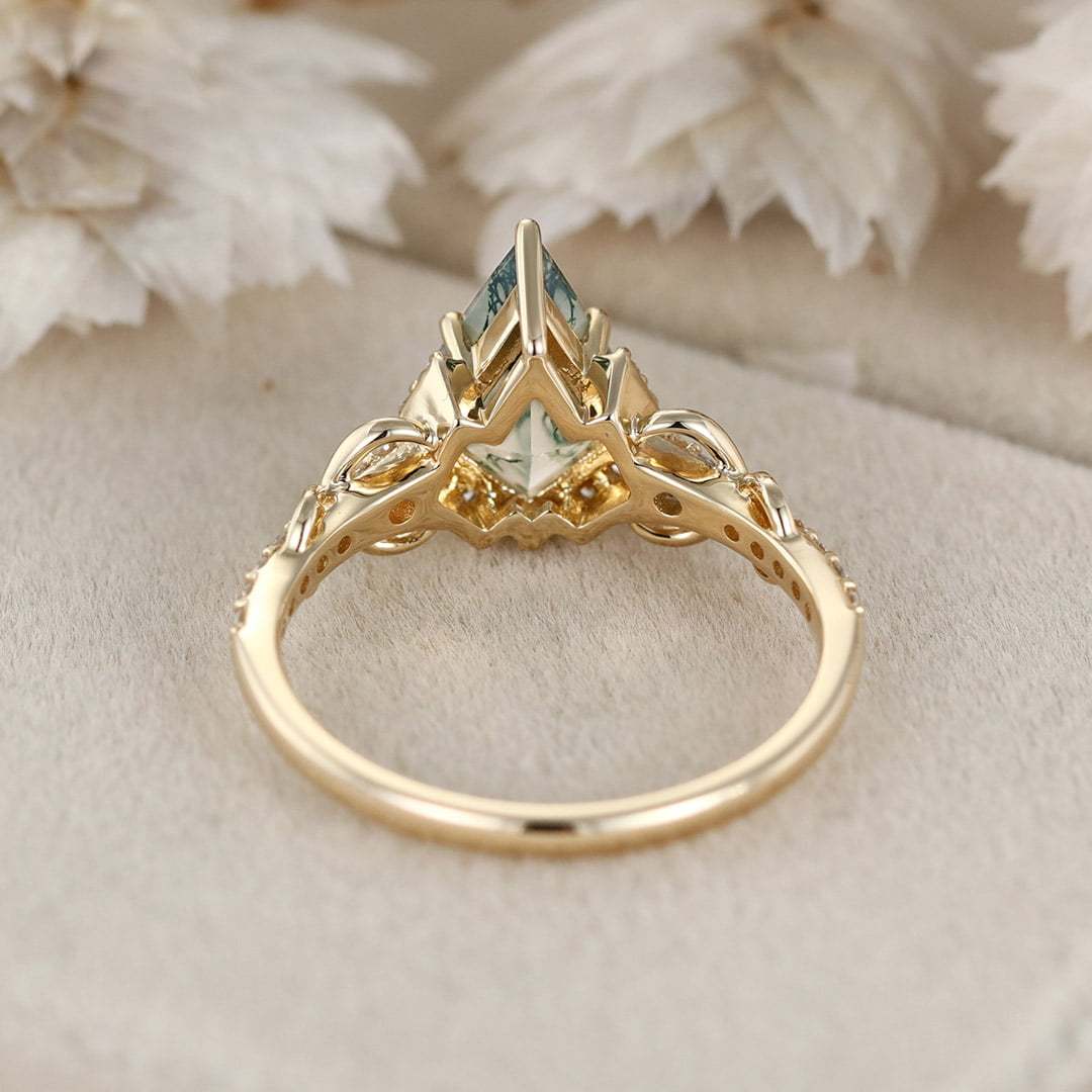 Kite Cut Natural Moss Agate Engagement Ring Yellow Gold Ring Unique Twist Wedding Ring