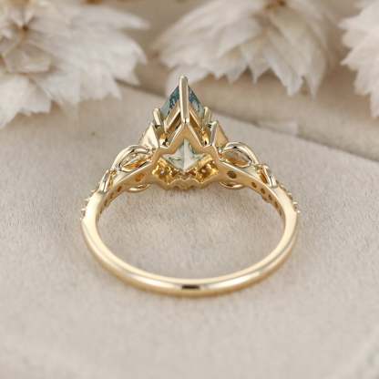 Kite Cut Natural Moss Agate Engagement Ring Yellow Gold Ring Unique Twist Wedding Ring