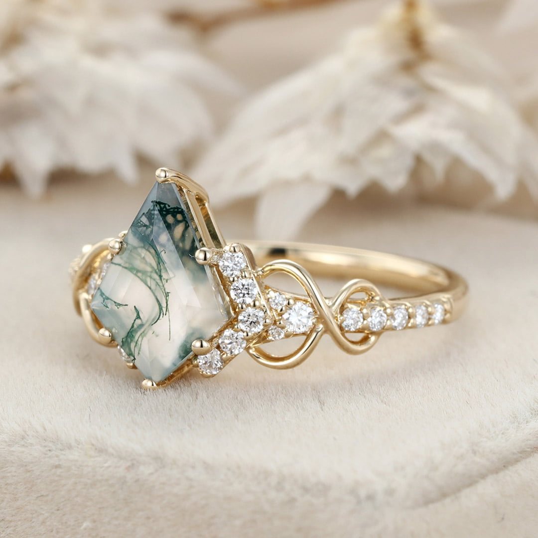 Kite Cut Natural Moss Agate Engagement Ring Yellow Gold Ring Unique Twist Wedding Ring