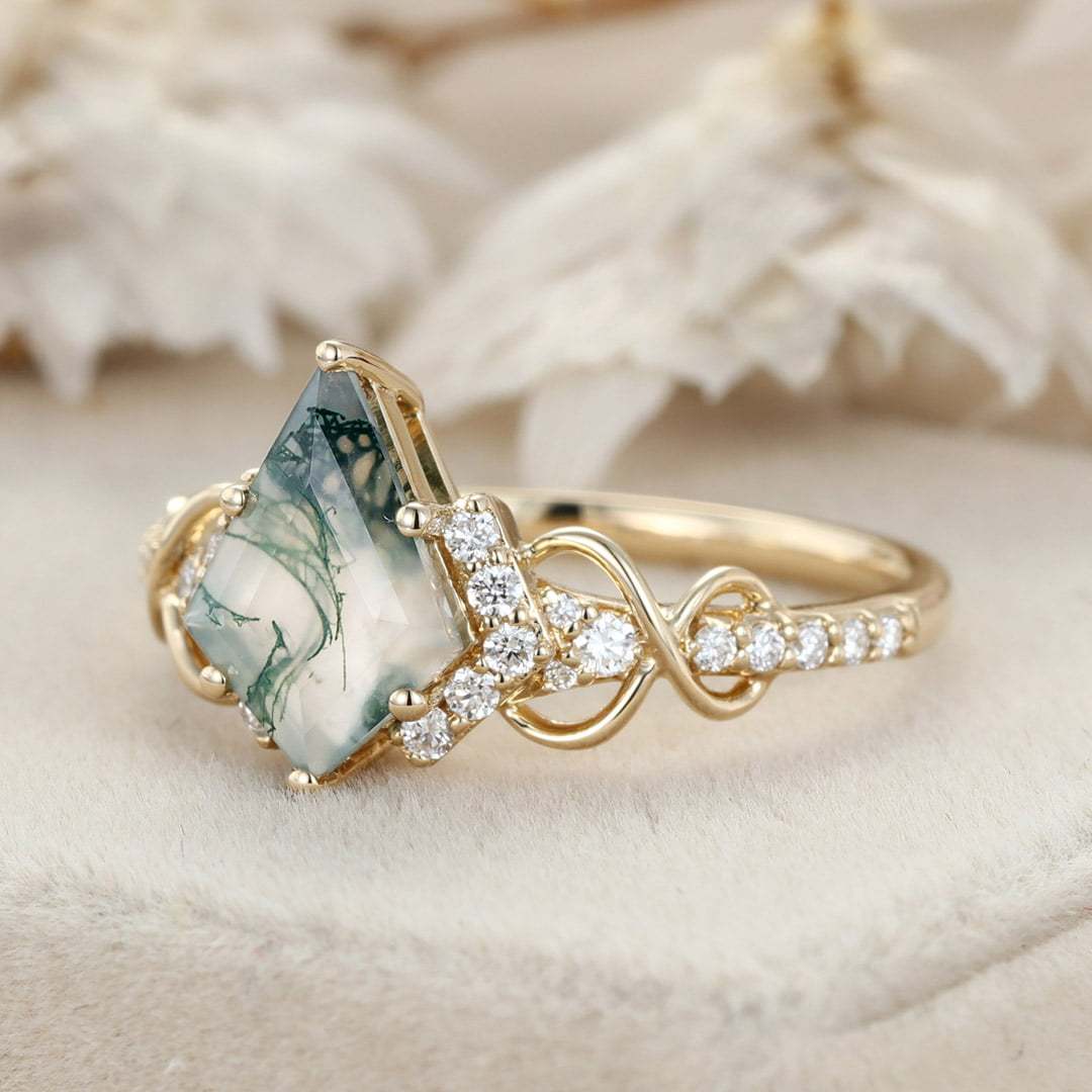 Kite Cut Natural Moss Agate Engagement Ring Yellow Gold Ring Unique Twist Wedding Ring