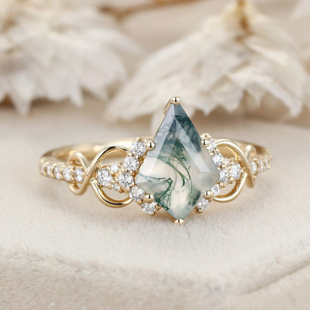 Kite Cut Natural Moss Agate Engagement Ring Yellow Gold Ring Unique Twist Wedding Ring