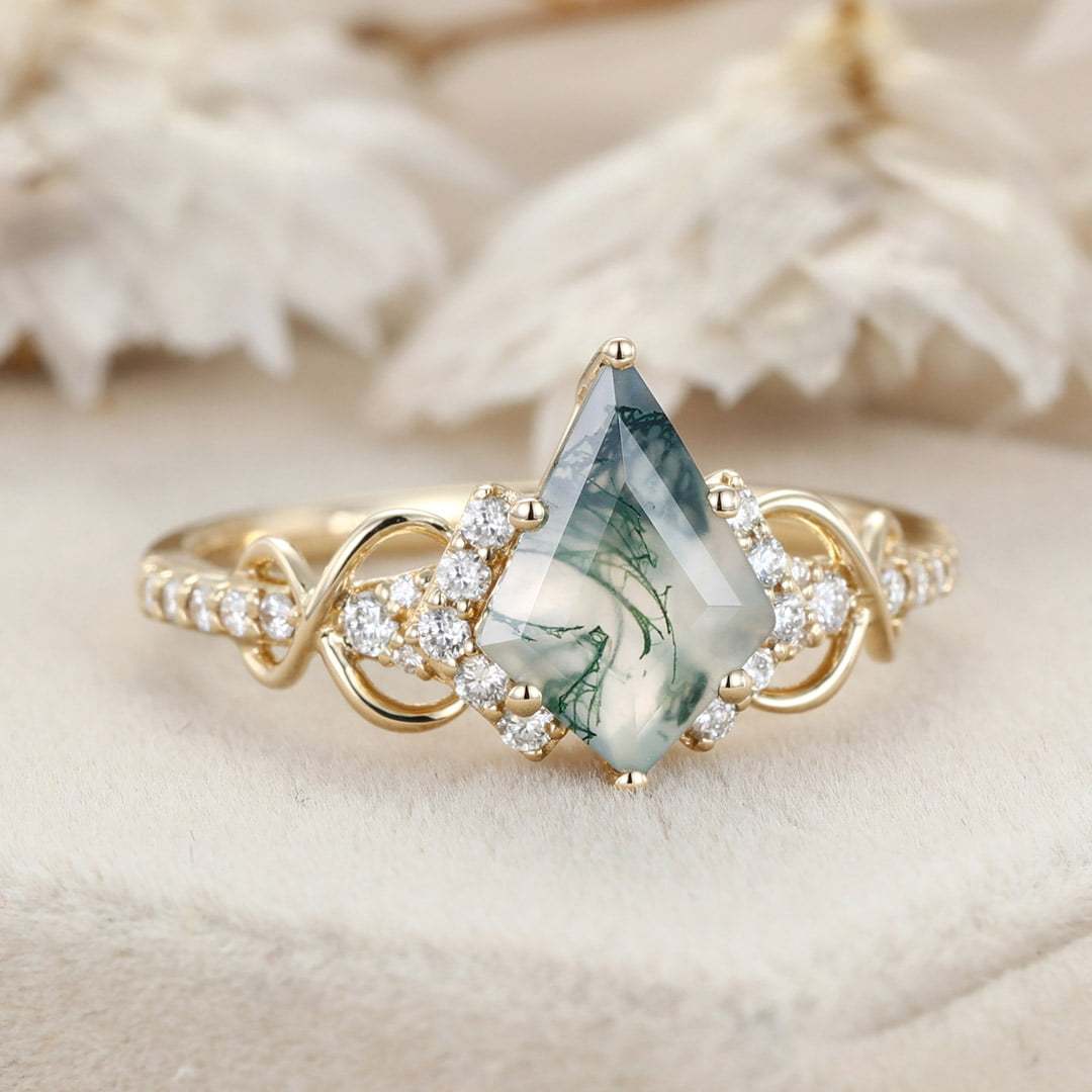Kite Cut Natural Moss Agate Engagement Ring Yellow Gold Ring Unique Twist Wedding Ring