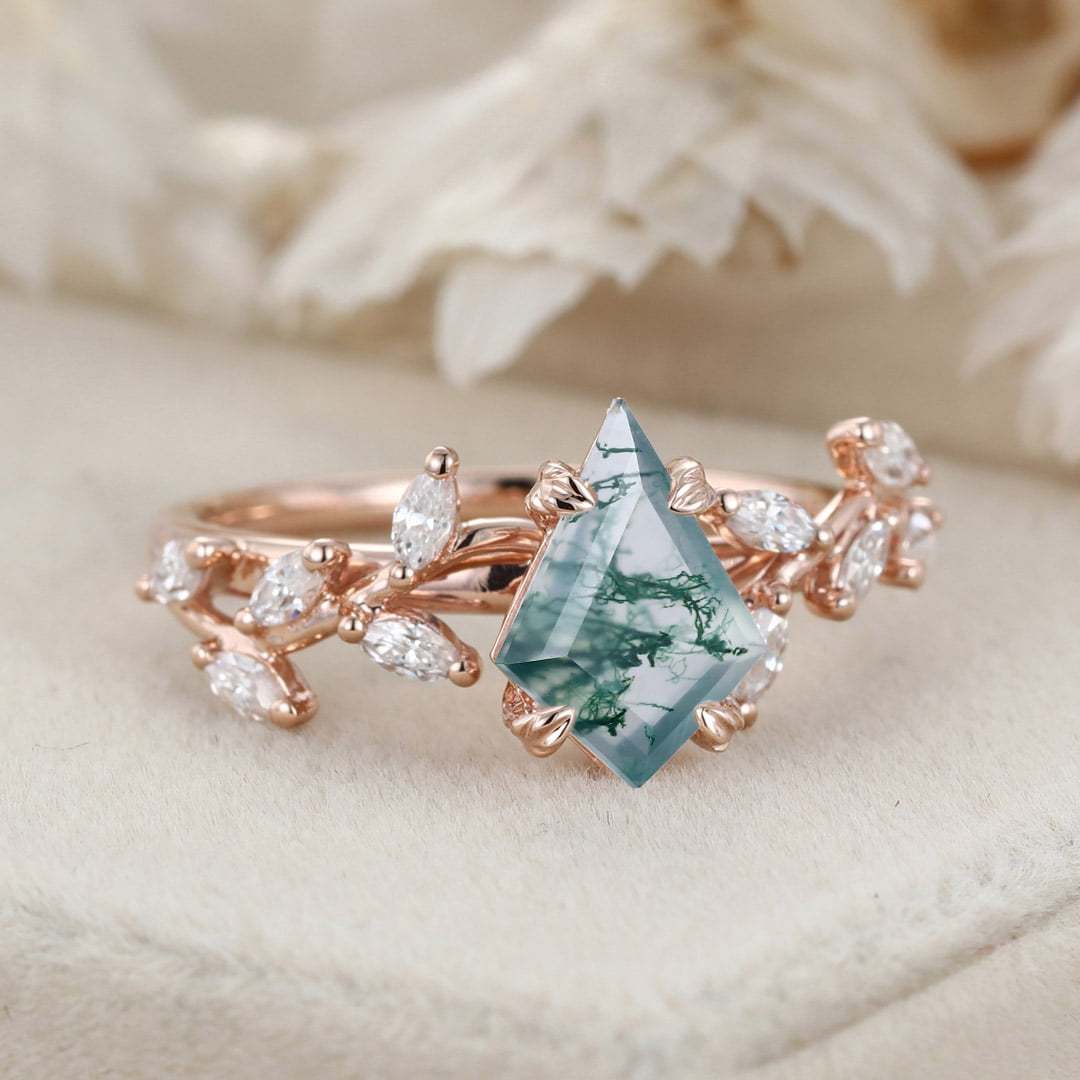 Kite Cut Nature Inspired Moss Agate Engagement Ring 14K Solid Gold Ring Branch Marquise Diamond Cluster Ring