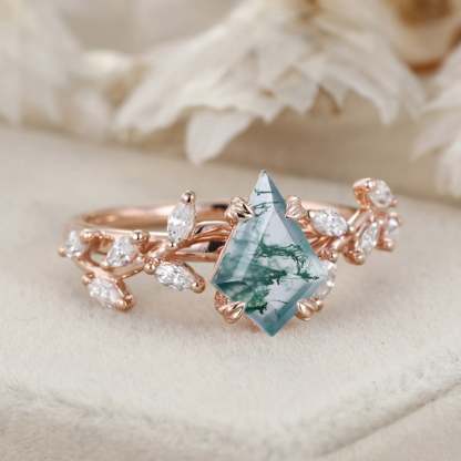 Kite Cut Nature Inspired Moss Agate Engagement Ring 14K Solid Gold Ring Branch Marquise Diamond Cluster Ring