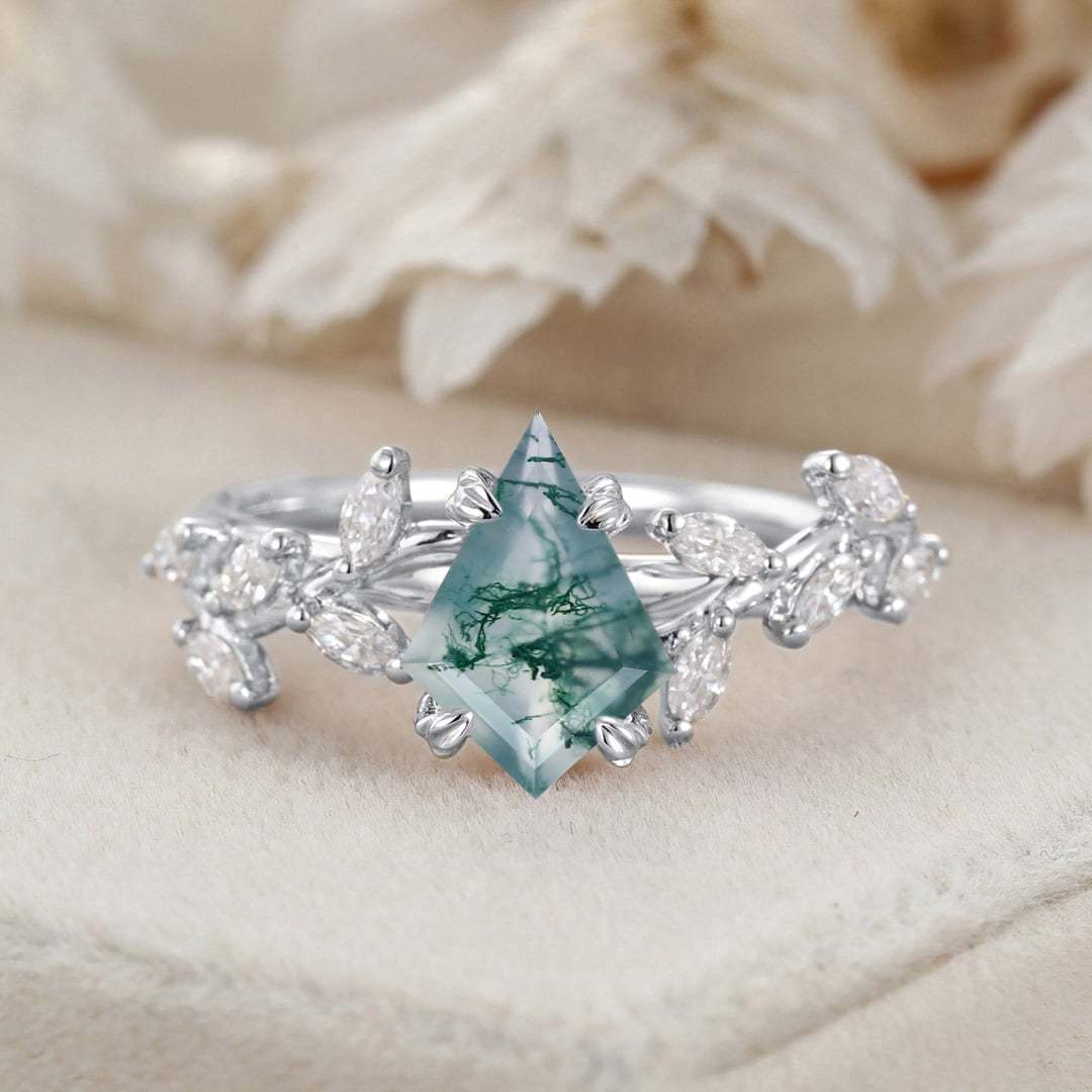 Kite Cut Nature Inspired Moss Agate Engagement Ring 14K Solid Gold Ring Branch Marquise Diamond Cluster Ring