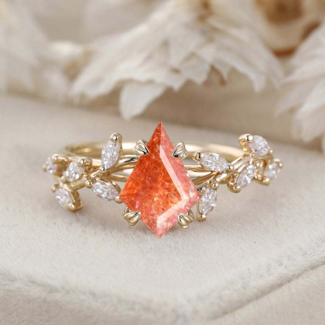 Kite Cut Nature Sunstone Engagement Ring 14K Solid Gold Ring Branch Marquise Diamond Cluster Ring