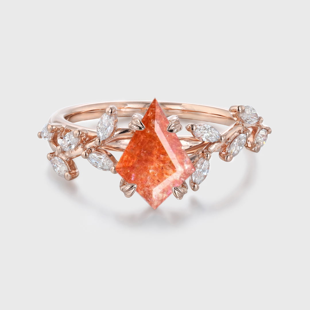 Kite Cut Nature Sunstone Engagement Ring 14K Solid Gold Ring Branch Marquise Diamond Cluster Ring