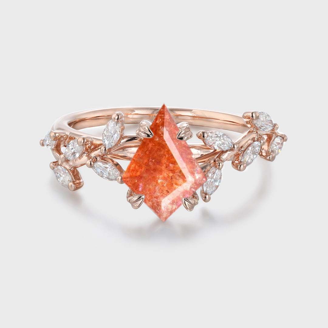 Kite Cut Nature Sunstone Engagement Ring 14K Solid Gold Ring Branch Marquise Diamond Cluster Ring