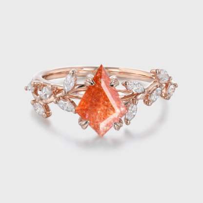 Kite Cut Nature Sunstone Engagement Ring 14K Solid Gold Ring Branch Marquise Diamond Cluster Ring