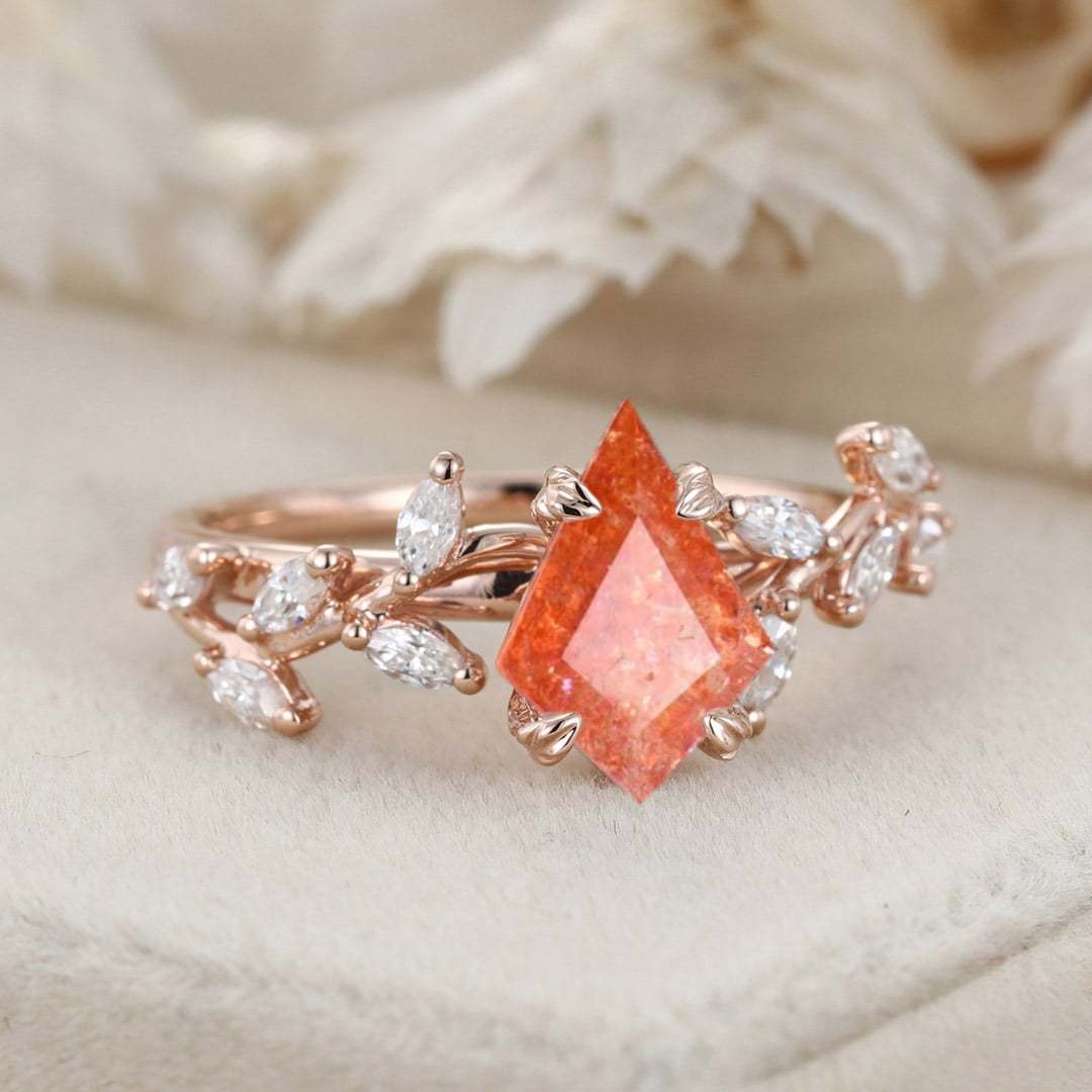 Kite Cut Nature Sunstone Engagement Ring 14K Solid Gold Ring Branch Marquise Diamond Cluster Ring