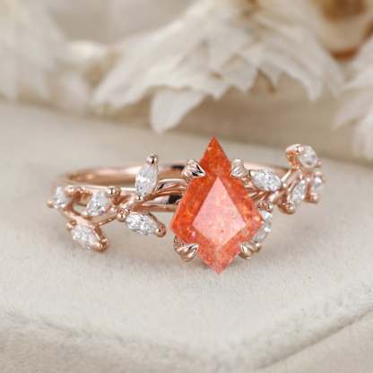 Kite Cut Nature Sunstone Engagement Ring 14K Solid Gold Ring Branch Marquise Diamond Cluster Ring