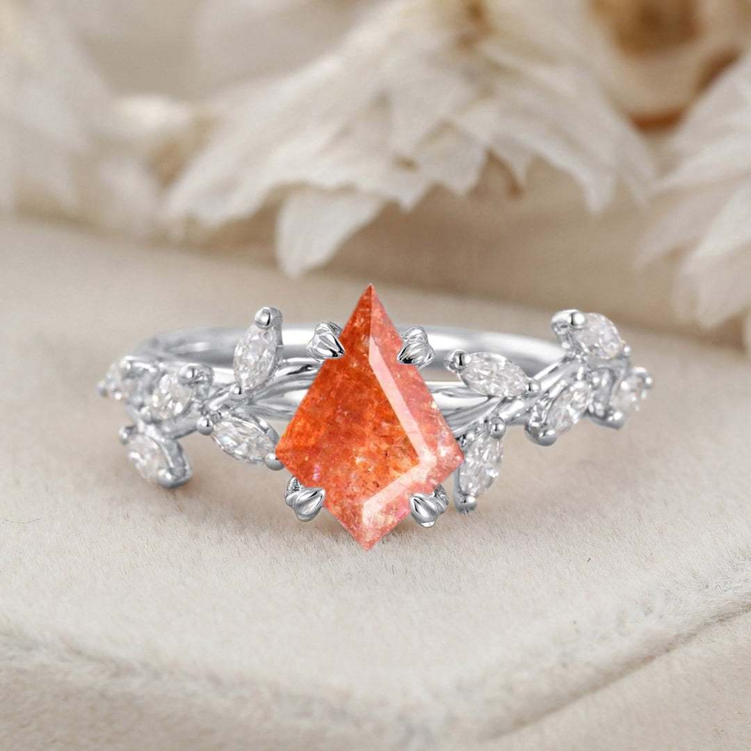 Kite Cut Nature Sunstone Engagement Ring 14K Solid Gold Ring Branch Marquise Diamond Cluster Ring