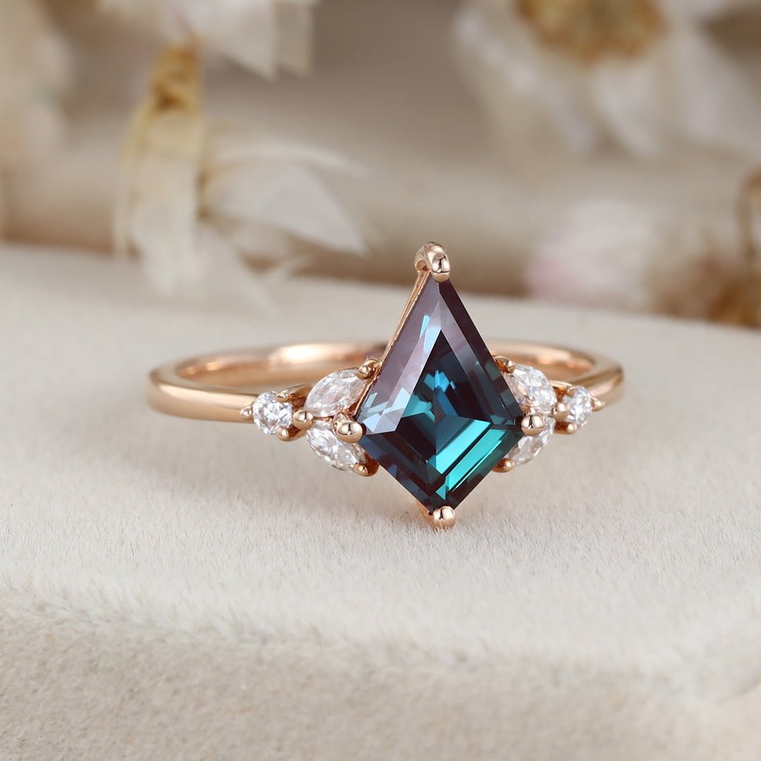 Kite cut Alexandrite engagement ring Vintage unique rose gold moissanite engagement ring marquise cluster diamond ring wedding bridal gift
