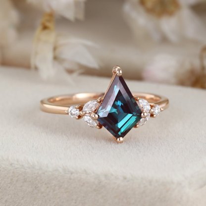 Kite cut Alexandrite engagement ring Vintage unique rose gold moissanite engagement ring marquise cluster diamond ring wedding bridal gift
