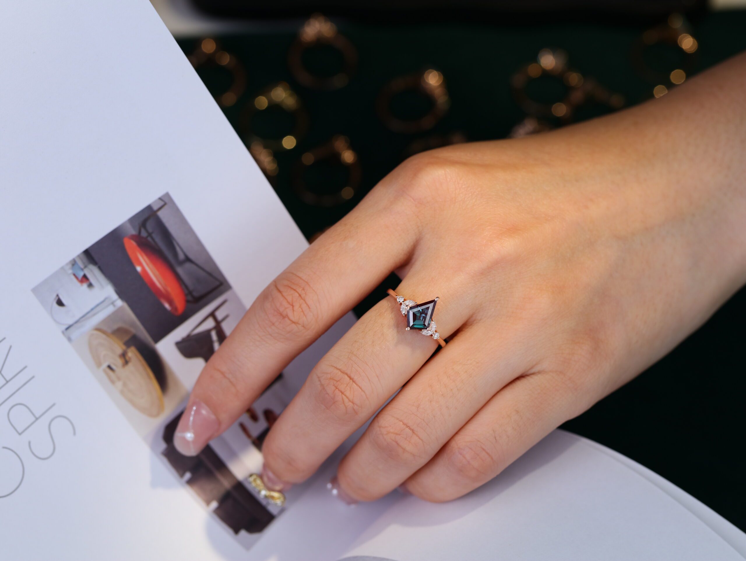 Kite cut Alexandrite engagement ring Vintage unique rose gold moissanite engagement ring marquise cluster diamond ring wedding bridal gift