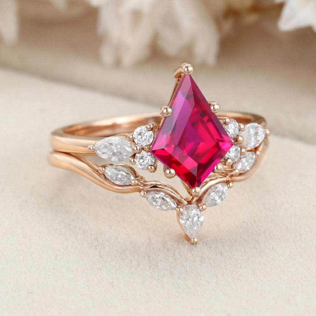 Kite cut Lab Ruby Engagement Ring Set Marquise Cut Moissanite Cluster Bridal Ring Unique Vintage Rose Gold Wedding Anniversary Ring Set
