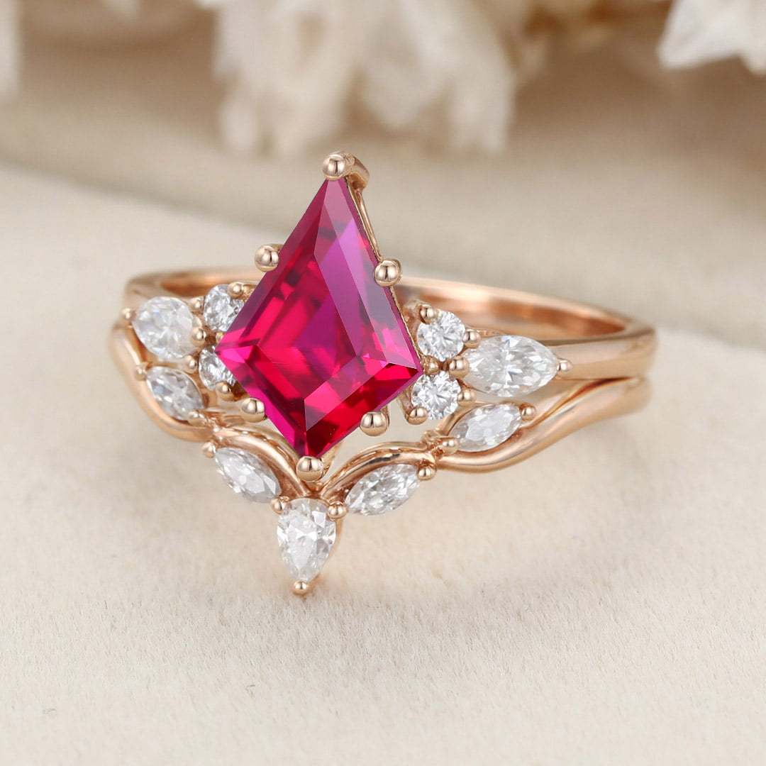 Kite cut Lab Ruby Engagement Ring Set Marquise Cut Moissanite Cluster Bridal Ring Unique Vintage Rose Gold Wedding Anniversary Ring Set