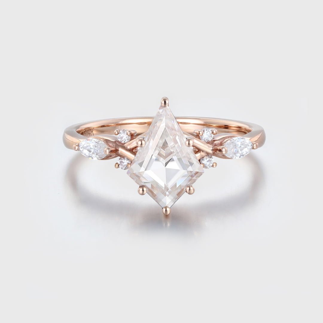 Kite cut Moissanite engagement ring Unique art deco cluster moissanite engagement ring Vintage rose gold diamond ring bridal Anniversary gift