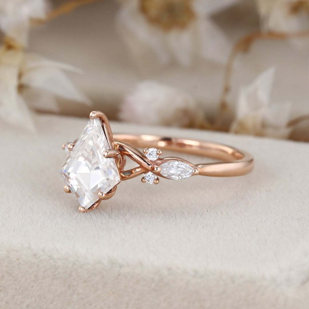 Kite cut Moissanite engagement ring Unique art deco cluster moissanite engagement ring Vintage rose gold diamond ring bridal Anniversary gift