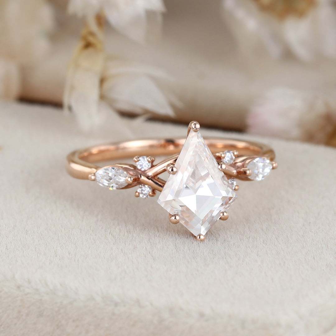 Kite cut Moissanite engagement ring Unique art deco cluster moissanite engagement ring Vintage rose gold diamond ring bridal Anniversary gift