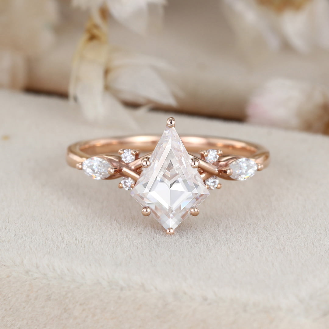 Kite cut Moissanite engagement ring Unique art deco cluster moissanite engagement ring Vintage rose gold diamond ring bridal Anniversary gift