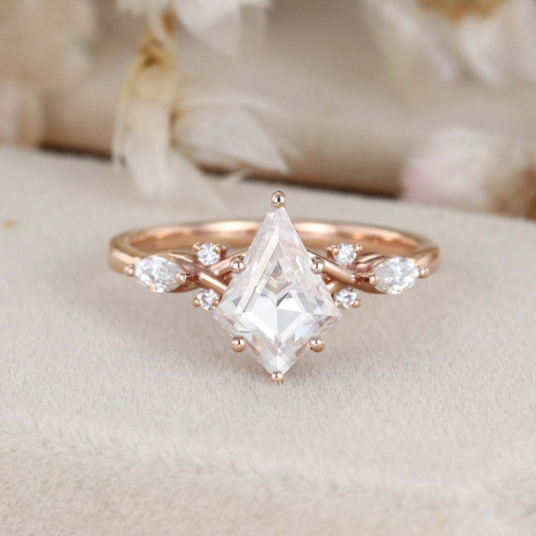 Kite cut Moissanite engagement ring Unique art deco cluster moissanite engagement ring Vintage rose gold diamond ring bridal Anniversary gift