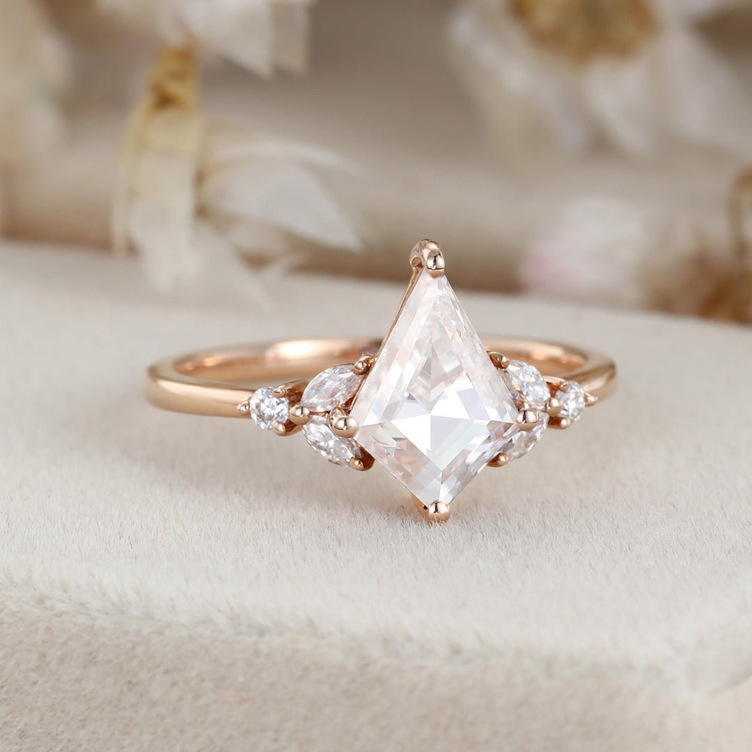 Kite cut Moissanite engagement ring Vintage unique rose gold moissanite engagement ring marquise cluster diamond ring wedding bridal gift