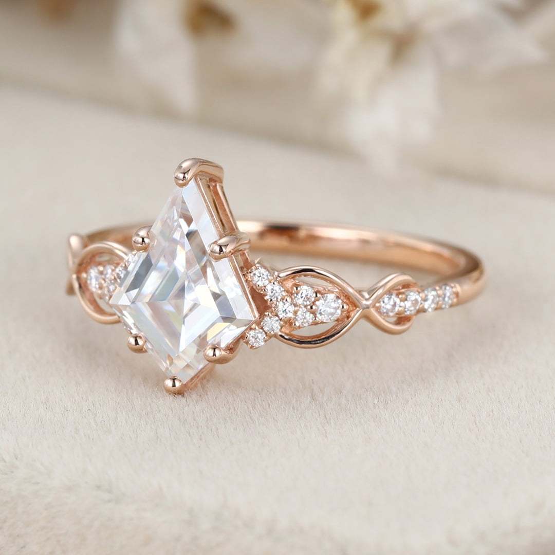 Kite Cut Moissanite Engagement Ring Vintage 14K Rose Gold Twist Wedding Ring Bridal Promise Anniversary