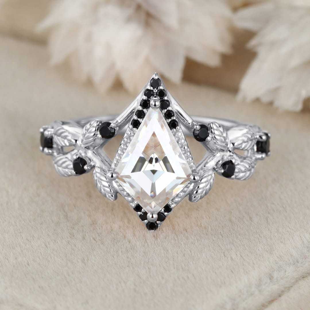 Kite cut Moissanite engagement ring women unique Black onyx engagement ring Vintage 14K Rose gold ring bridal wedding anniversary gift