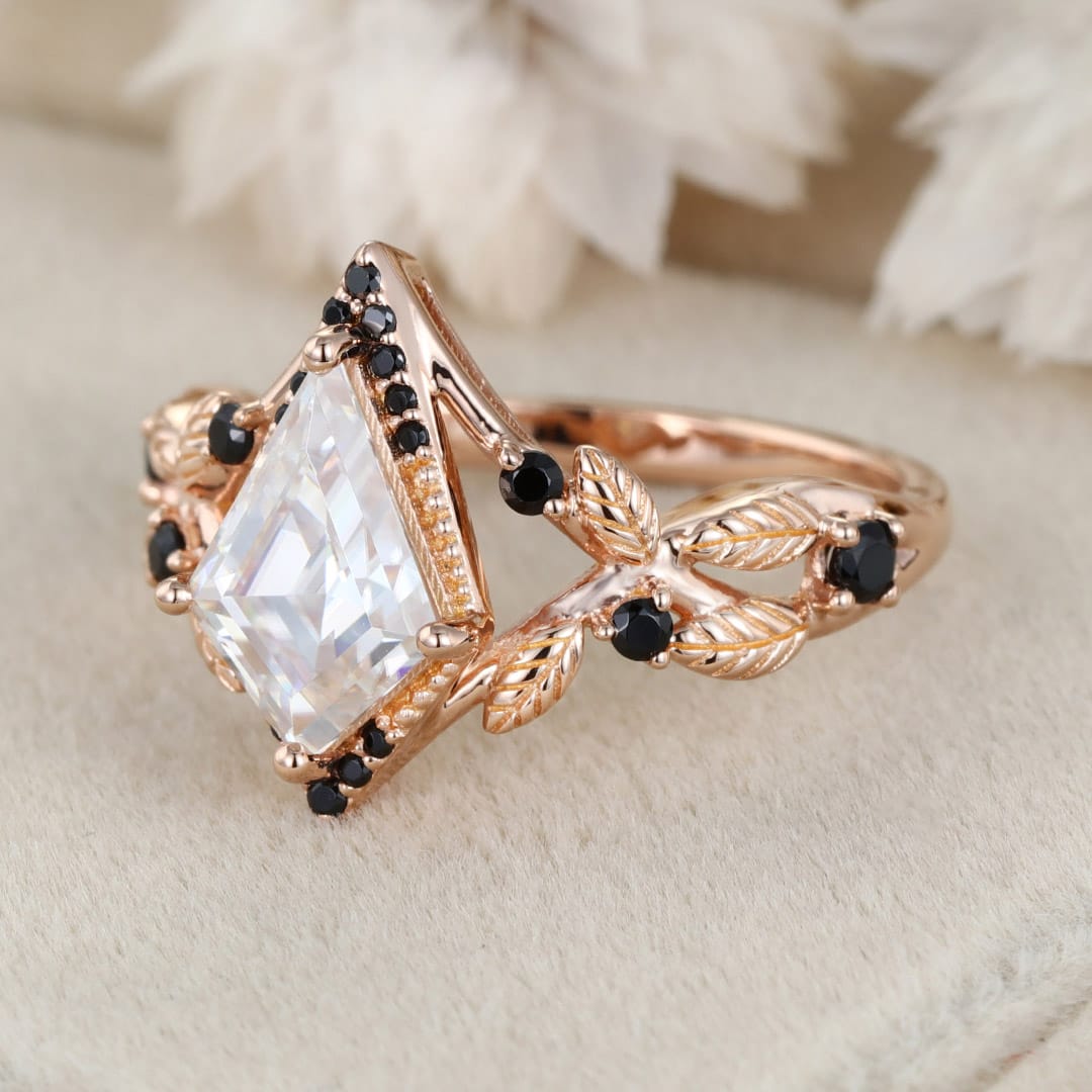 Kite cut Moissanite engagement ring women unique Black onyx engagement ring Vintage 14K Rose gold ring bridal wedding anniversary gift