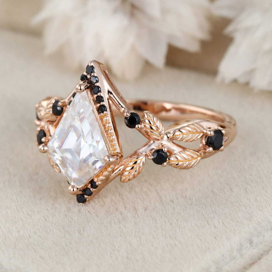 Kite cut Moissanite engagement ring women unique Black onyx engagement ring Vintage 14K Rose gold ring bridal wedding anniversary gift