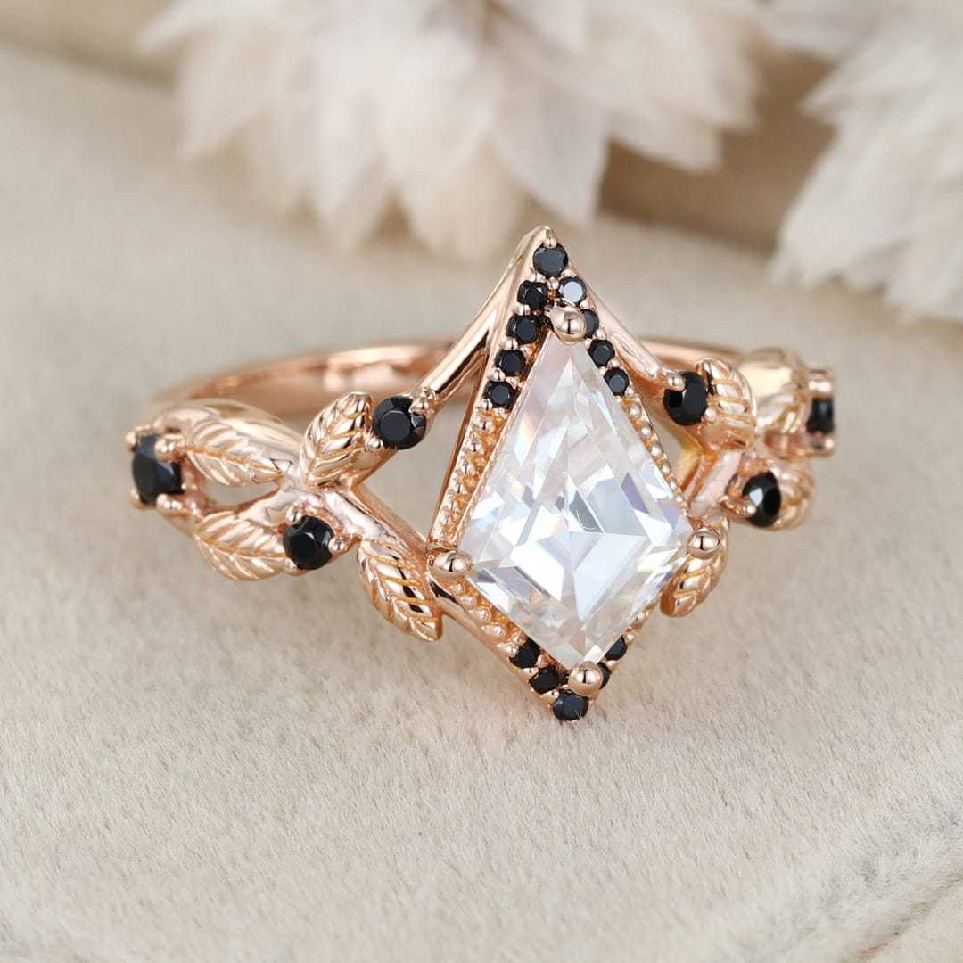 Kite cut Moissanite engagement ring women unique Black onyx engagement ring Vintage 14K Rose gold ring bridal wedding anniversary gift
