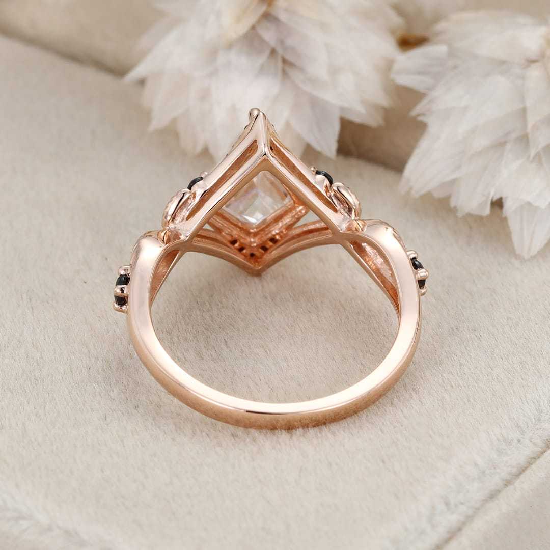 Kite cut Moissanite engagement ring women unique Black onyx engagement ring Vintage 14K Rose gold ring bridal wedding anniversary gift