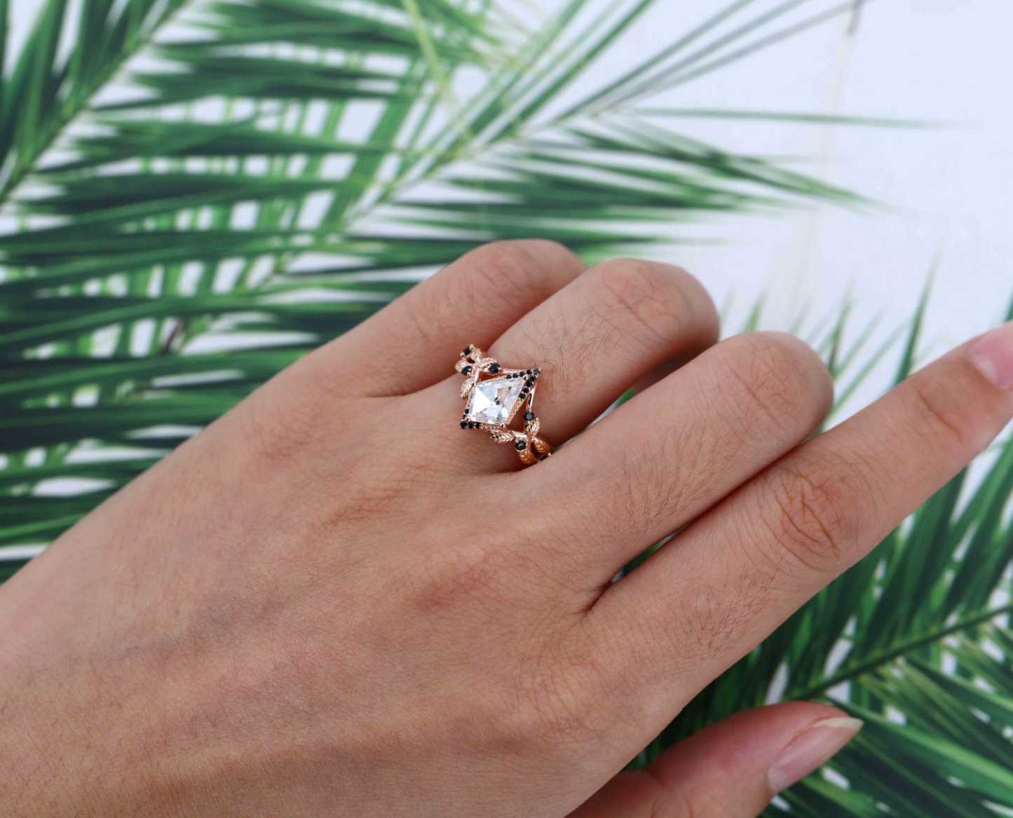 Kite cut Moissanite engagement ring women unique Black onyx engagement ring Vintage 14K Rose gold ring bridal wedding anniversary gift