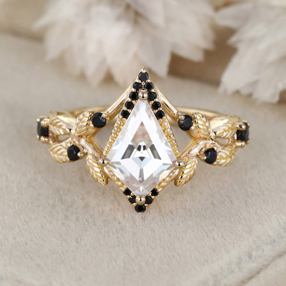 Kite cut Moissanite engagement ring women unique Black onyx engagement ring Vintage 14K Rose gold ring bridal wedding anniversary gift