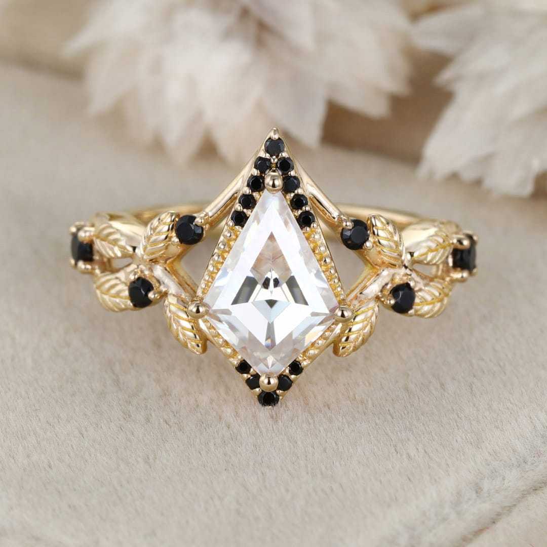 Kite cut Moissanite engagement ring women unique Black onyx engagement ring Vintage 14K Rose gold ring bridal wedding anniversary gift