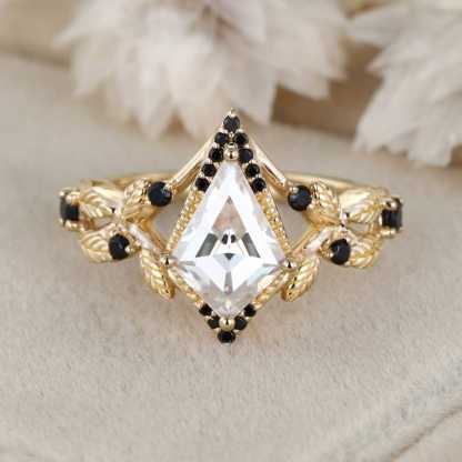 Kite cut Moissanite engagement ring women unique Black onyx engagement ring Vintage 14K Rose gold ring bridal wedding anniversary gift